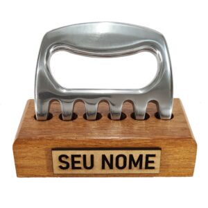 Garra de Urso Personalizada Garfo Churrasco Desfiador Presente Alumínio Maciço Suporte Madeira