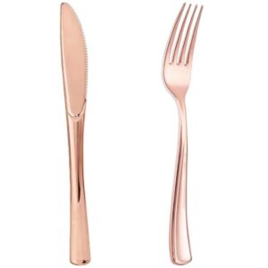 Kit 24 peças Descartável Luxo Garfo Faca De Ouro Rosa, 12 garfos 12 facas, talheres de plástico resistentes para festas