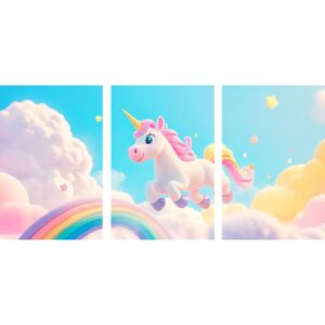 quadros decorativos para meninas 3 peças unicornio arco iris desenhos coloridos rosa( UNICORNIO ESQUERDA)