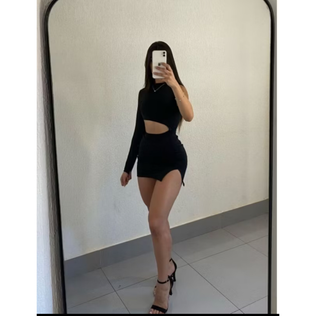 Vestido Curto Manga Longa com Fenda Suplex Premium Moda Gringa (LUANA)