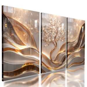 Quadro Decorativos Abstrato Geométrico 3 Peças Árvore Folhas de Ouro Luxuoso Para Sala Escritório