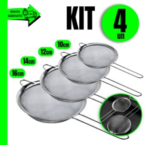 Kit 4 Peneira Aço Inox 16cm 14cm 12cm 10cm Para Sua Cozinha Restaurante Lanchonete Bar