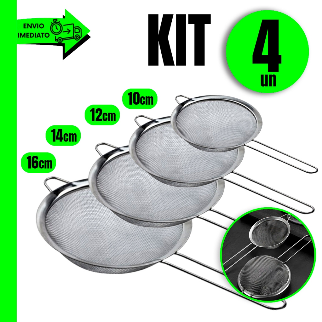 Kit 4 Peneira Aço Inox 16cm 14cm 12cm 10cm Para Sua Cozinha Restaurante Lanchonete Bar