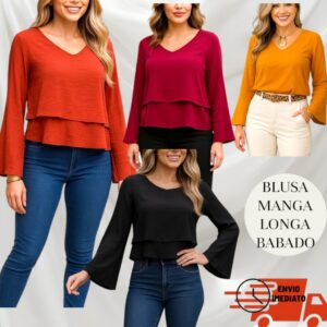 Blusa Feminino Simplicidade Elegante Social Basica  Duna Manga Longa Babado