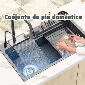 Kit Cuba Cozinha Gourmet Aço Inox C/ Torneira Flexível Preto 75x45x20 cm