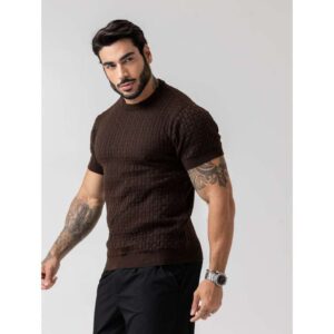 camiseta masculina de tricot com manga curta gola redonda padrão verão chique
