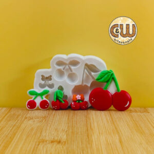 Molde Silicone Cereja com Folha com 4 - Decoração, Confeitaria e Artesanato – Biscuit - Festa