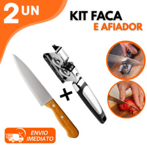 KIT 02 Peças - 1 Amolador Afiador De Facas Canivete Tesoura + Faca Cabo de Madeira 6”