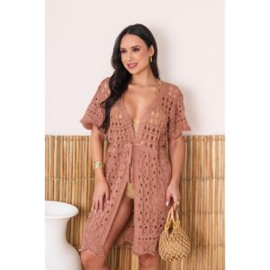 Vestido Saída de Praia Tricot  Chique Ponto Crochê  Elegante Moda Praia Verão Veste até Plus 46
