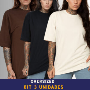 KIT 3 UNIDADES Camiseta Oversized Feminina Streetwear  Lisa Varias Cores 100% Algodão Premium Plus Size
