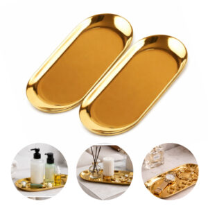 Kit 2 Bandeja Dourada Oval Luxo Espelhada Acessório Aço Inox Cozinha Banheiro Lavabo Toalete