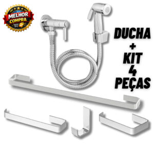 Kit Acessórios Para Banheiro Alumínio 4 Peças + Ducha Higiênica Cromada 100% Completa Mangueira Flexível 120cm 1/4 Volta