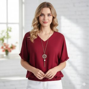 Blusa crepe duna feminina elastico na cintura gola V moda feminina de verão, solto