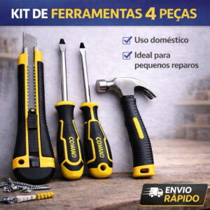 KIT DE FERRAMENTAS 4 PEÇAS PARA CASA – USO DOMÉSTICO MARTELO CHAVES E ESTILETE
