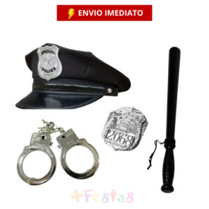 Kit Fantasia Adulto Infantil Policial Carnaval Chapéu Cacetete Algema Distintivo
