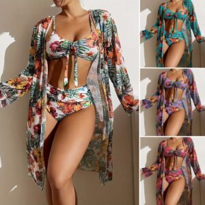 Conjunto De Biquíni 3 Peças Elegante Femininas Floral Estampa Cardigã Cobrir Sutiã