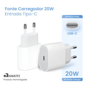 Carregador Homologado p/ iPhone 8 ao 14 Pro Max 20W USB-C Rápido