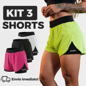 KIT COM 3 SHORTS 2 EM 1 FEMININO ACADEMIA Dry Fit C/ Bolso Porta Celular Kaizen Ideal Treino