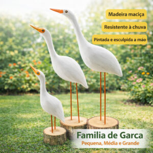 Kit Garças de Jardim Madeira Maciça 3 Tamanhos Pequena Média Grande Decoração Externa Resistente à Chuva