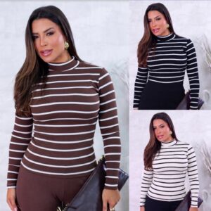 Kit Blusas Feminina Cacharrel Manga Longa Gola Alta Listrada  Moda Básica Casual Inverno