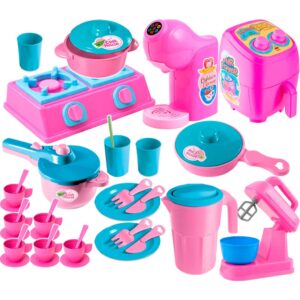 Kit Cozinha faz de conta menina rosa Cafeteira panela airfryer panelinha colher garfo brinquedo