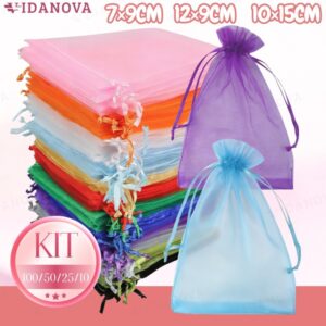 Kit 50/100 Conjunto de bolsas de organza e tule para casamentos, festas, armazenamento e batons(Escolha A Cor)-VN