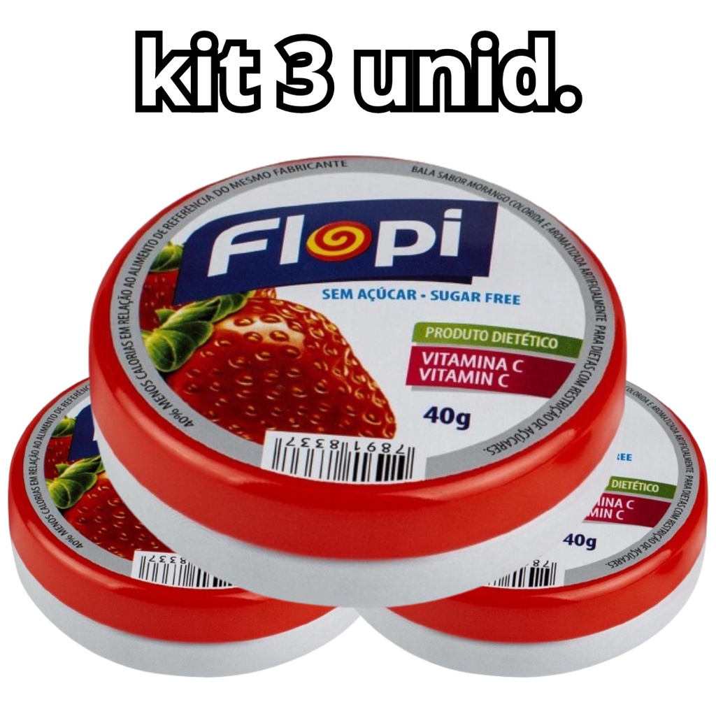 KIT 3 unid Bala Flopi Sabor Morango Sem Açúcar Florestal 40g - Balas Flop