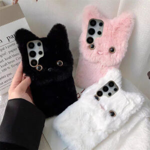 3D Bonito Pele Quente Gato Caso Para Samsung S24 FE S25 Ultra A06 A16 A26 A36 A56 A05 A15 A25 A35 A55 Peludo Fofo Pelúci