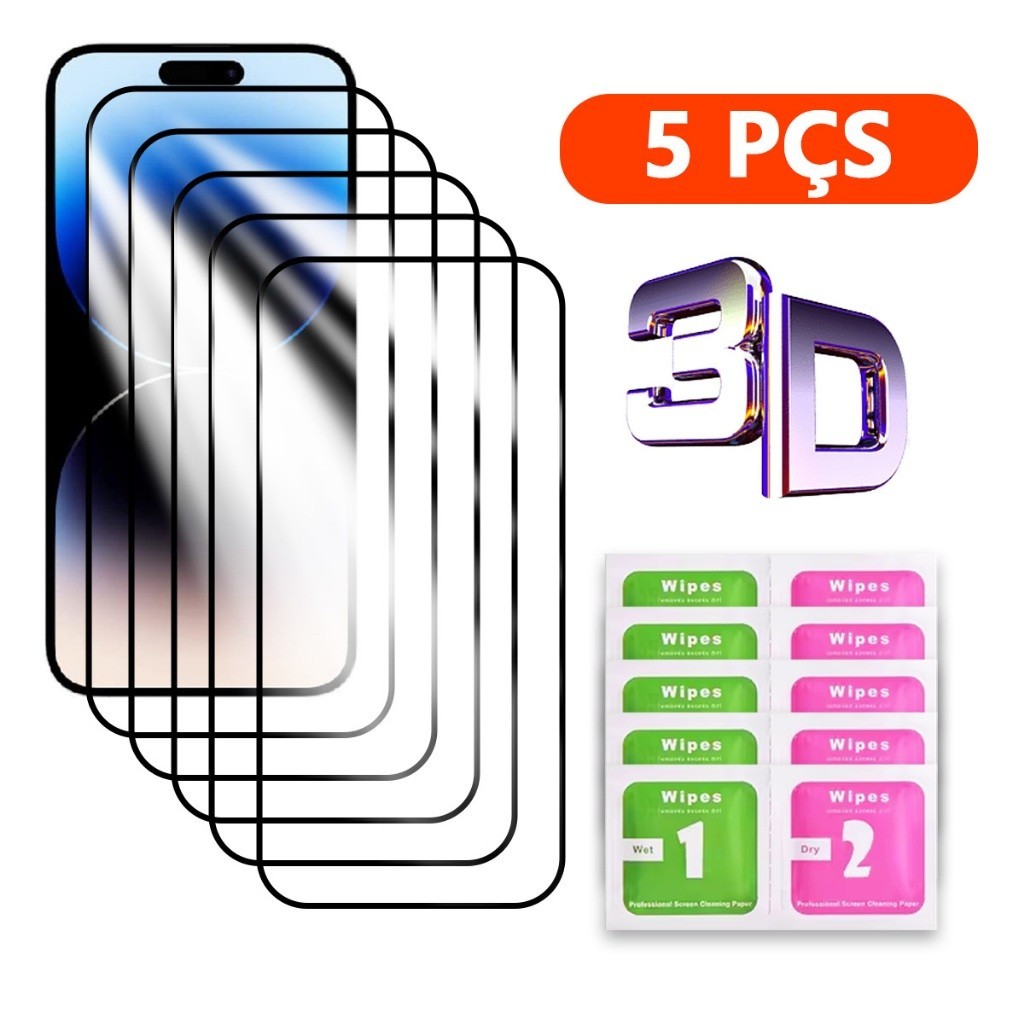 Kit 5 Película 3D Vidro Temperado P/Todos iPhone 15 14 13 12 11 Mini Plus Pro Max X XR XS MAX 6 7 8 Plus
