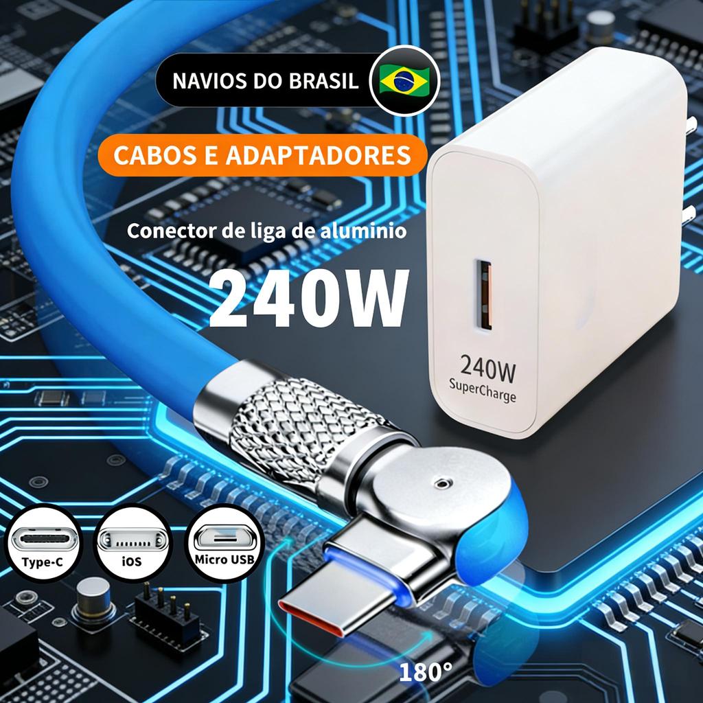 Carregador Super Rápido De 240 W Com 180 ° Cabo De Carregamento De Rotação Para iOS Type-C Micro USB 1.2M Cabos Giratóri