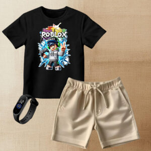 Conjunto Infantil Camiseta Roblox Bermuda Moletinho + Relógio Menino Gamer Estiloso