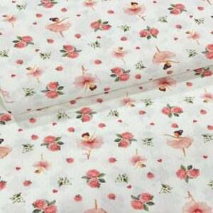 Tecido Tricoline Rotativo Bailarina e Flores Fundo Branco