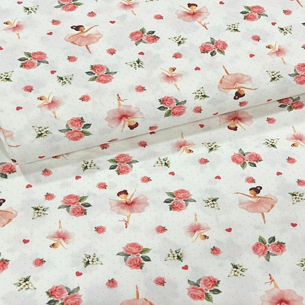 Tecido Tricoline Rotativo Bailarina e Flores Fundo Branco