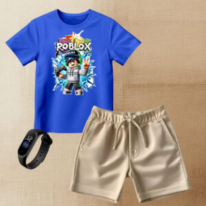 Conjunto Infantil Camiseta Roblox Bermuda Moletinho + Relógio Menino Gamer Estiloso