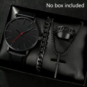 Kit Relógio Masculino 4 em 1 com Colar de Cruz Pulseira Preta Anel Estilo Urbano Luxo Acessórios Moda para Homens
